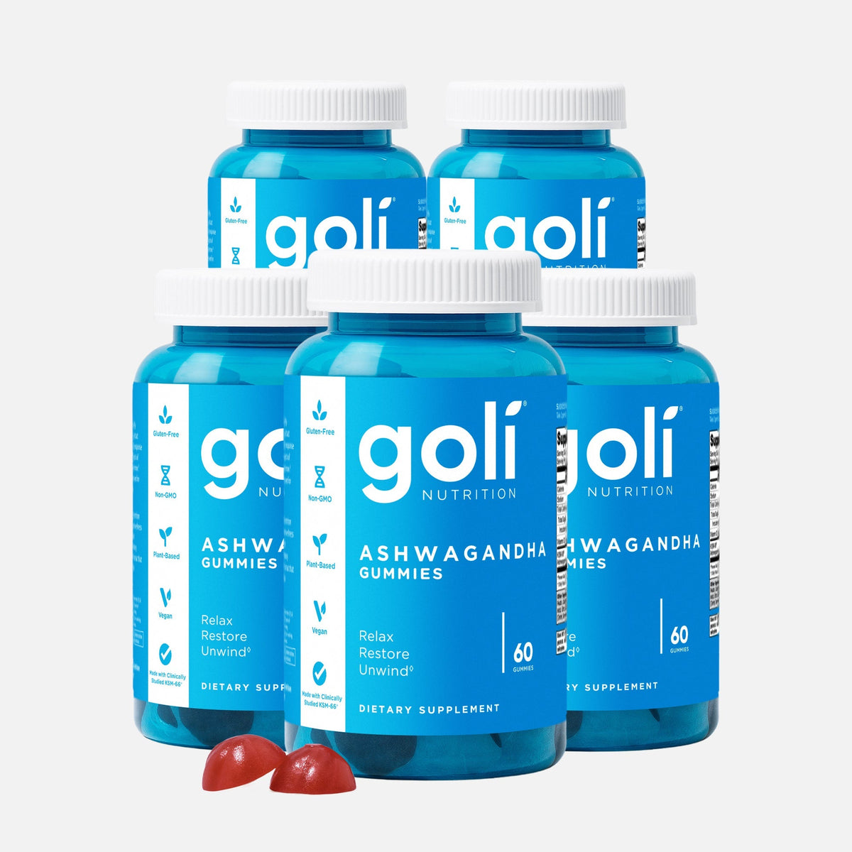 Goli 5 Bottles of Ashwagandha Gummies — KSM-66 Extract, Vitamin D, Gelatin-Free