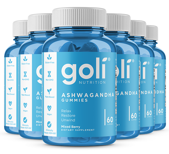 Goli 6 Bottles of Ashwagandha Gummies — KSM-66 Root Extract, Vitamin D, Gelatin-Free