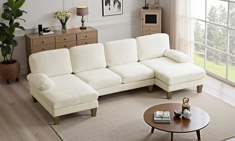 110" Sectional Couches Room,U Shaped Couch with Double Chaise, 4-Seat Sofa Set with Chenille Fabric for Home Furniture,Beige D2854