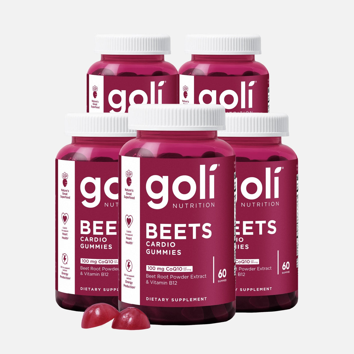 Goli 5 Jars of Beets Cardio Gummies — Beet Root Extract, CoQ10 & Vitamin B12