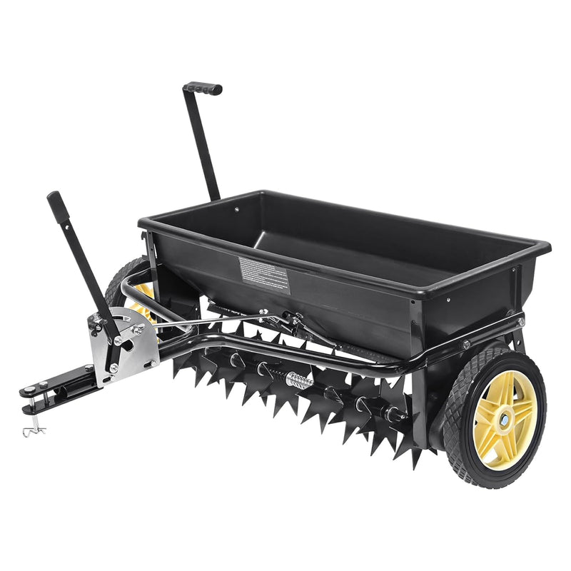 Broadcast seeder, 100-pound tractor-mounted rear polyethylene seeder with 10-inch wheels, equipped with a steel spike weeder, fertilizer spreader, garden seeder and salt spreader, suitable for residences, farms, rough terrain, and black pavement. B9258
