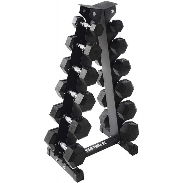 Inspire Fitness 210 lb. (5-30 lb.) Rubber Dumbbell Set with 6 pair Vertical Rack P4179