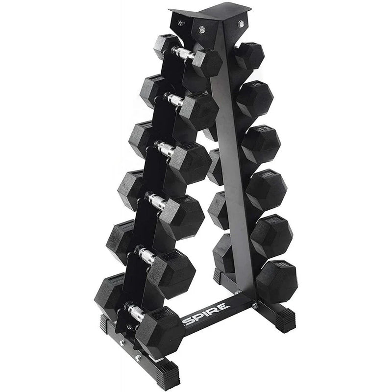 Inspire Fitness 210 lb. (5-30 lb.) Rubber Dumbbell Set with 6 pair Vertical Rack P4179