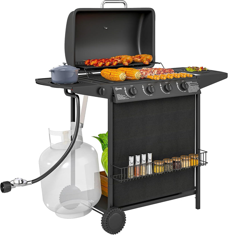 4 1 Burner Propane Gas BBQ Grill, Portable Gas Barbecue Grill with Side Burner, Thermometer, Lid, Side Table, Shelf, Spice Rack, Wheels, Grease Cup for Garden, Black Z5560