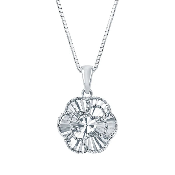 Diamond Cut Floral Pendant in White Gold