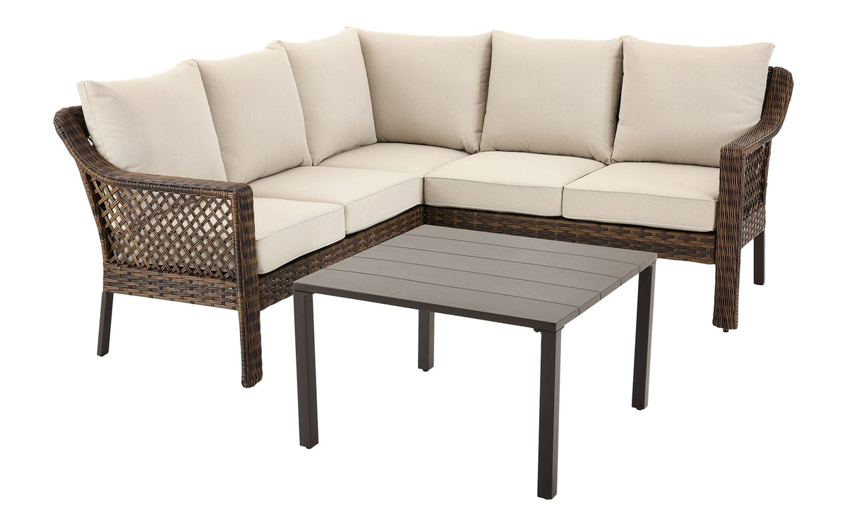Bracebridge All-Weather Wicker Outdoor Patio Sectional with Woodgrain Steel Table Top, Brown, 3-pc