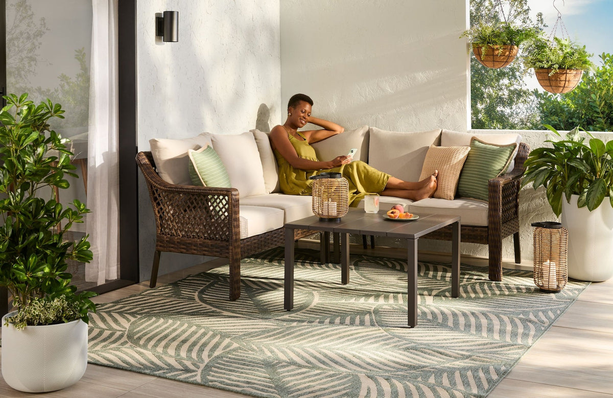 Bracebridge All-Weather Wicker Outdoor Patio Sectional with Woodgrain Steel Table Top, Brown, 3-pc