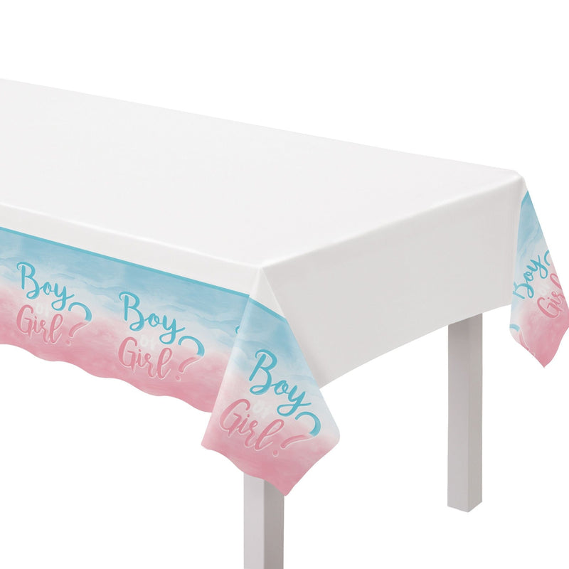 "Girl or Boy?" Rectangle Plastic Reusable Table Cover, Pink/Blue, 54x102-in, for Gender Reveal D8150