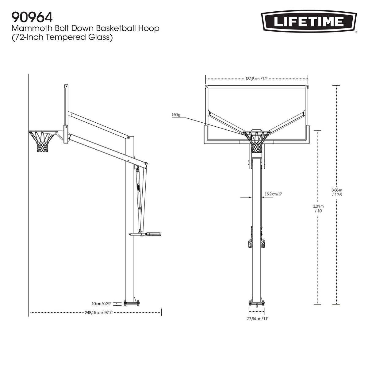 Lifetime Mommoth Bolt Down Basketball Hoop with 72-in Tempered Glass