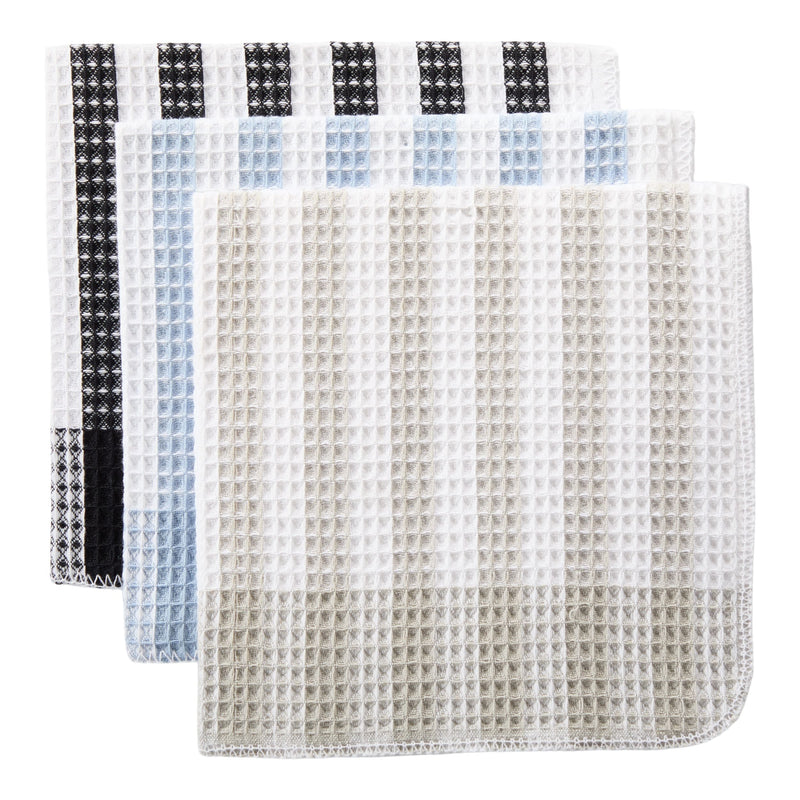 Waffle Checkered Cotton Dish Cloths, Black, Grey & Blue, 14-in, 12-pk W9070
