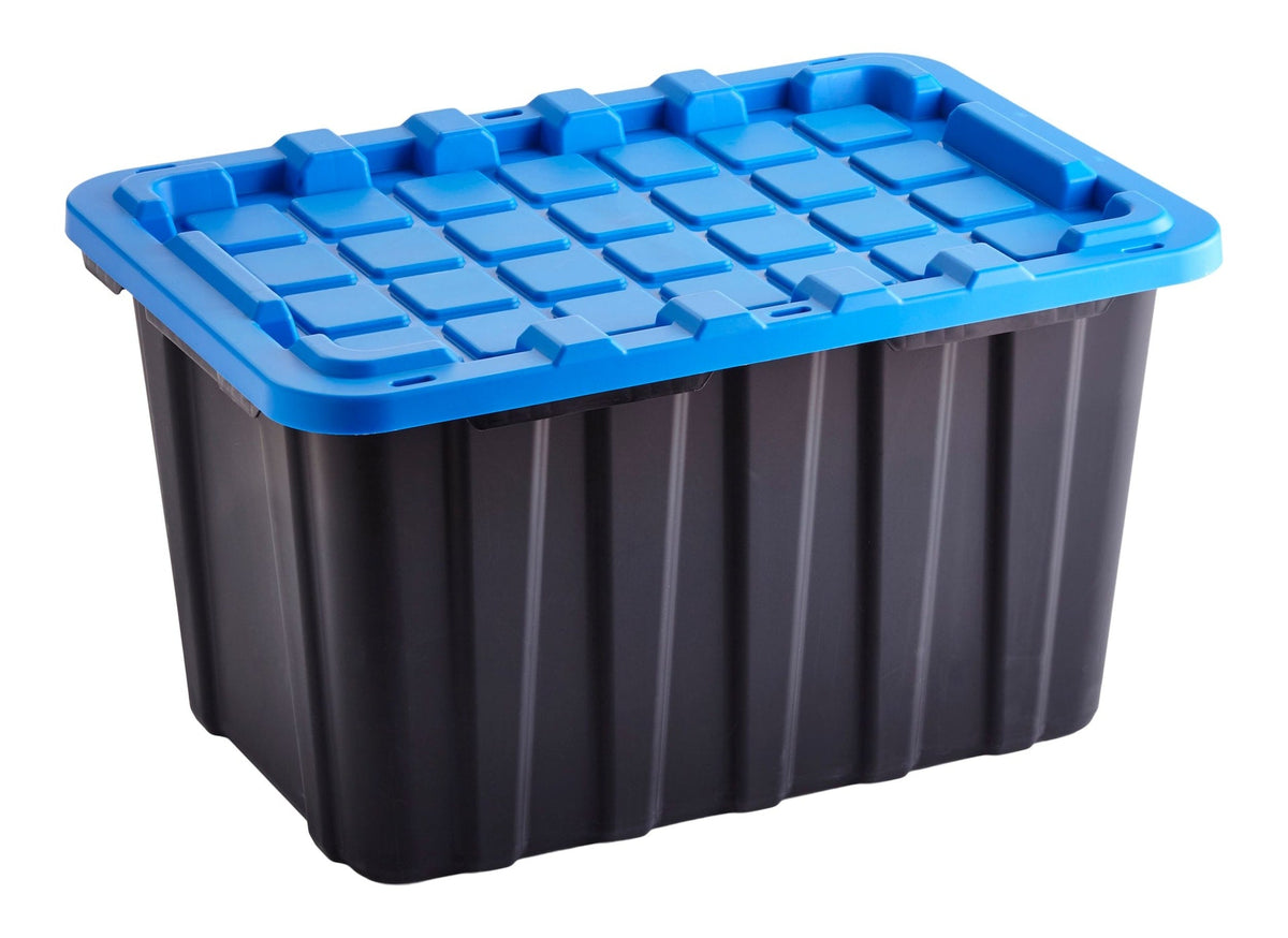Heavy Duty Stackable Storage Box with Lid, 102-L, Black/Blue