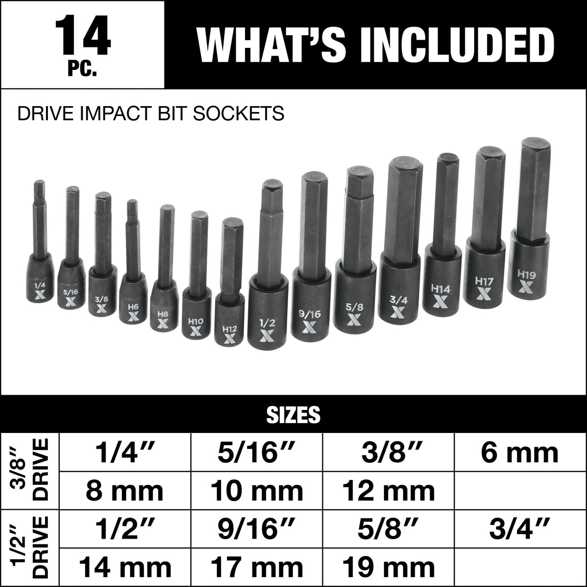 MAXIMUM Hex Impact Socket & Bit Socket Set, 14-pc, SAE/Metric