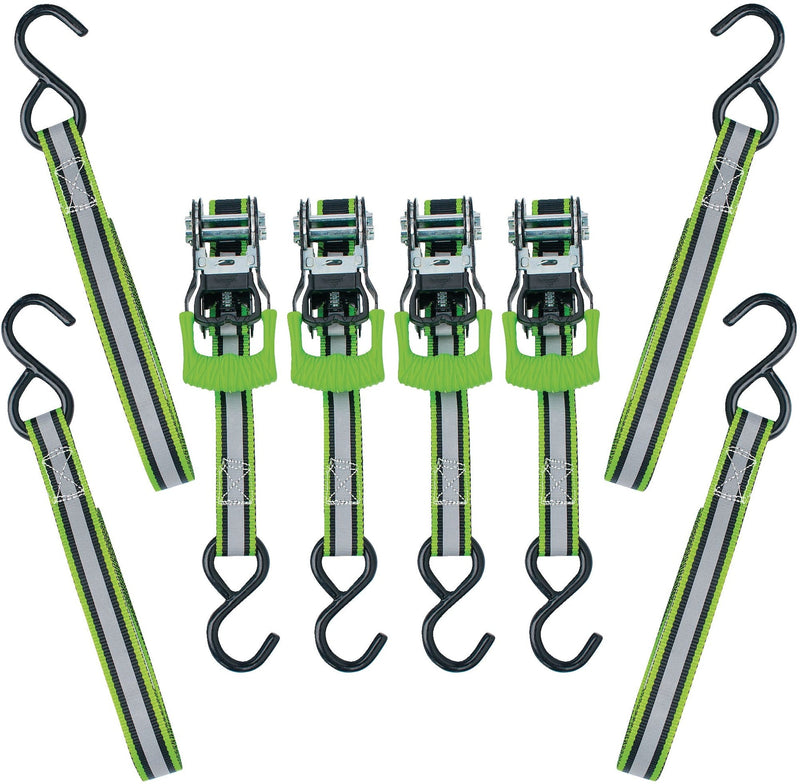 1,500-lb Reflective Ratchet Tie Down Strap, with Padded D-Handle, 1-in x 12-ft, 4-pk, Green D8849
