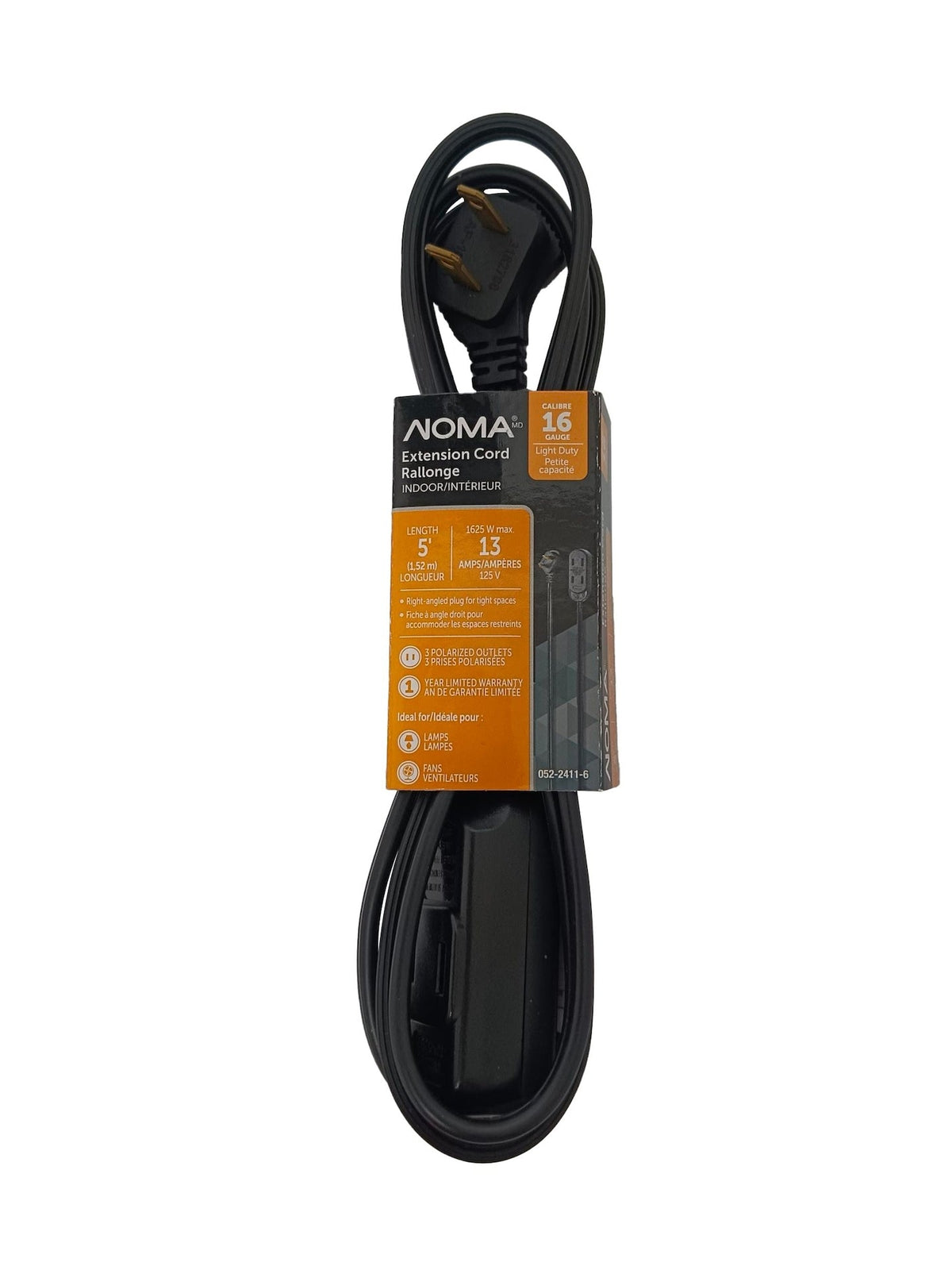 5' 16/2 Light Duty Extension Cord with 3 Outlets, Black