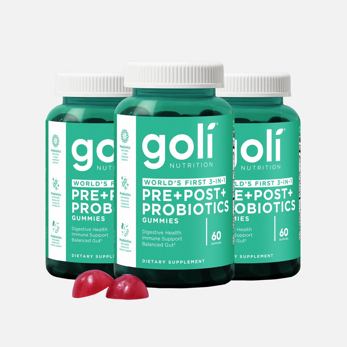 Goli Three Jars of Probiotic+ Gummies — 3-in-1 Pre, Post & Probiotic Digestive Blend