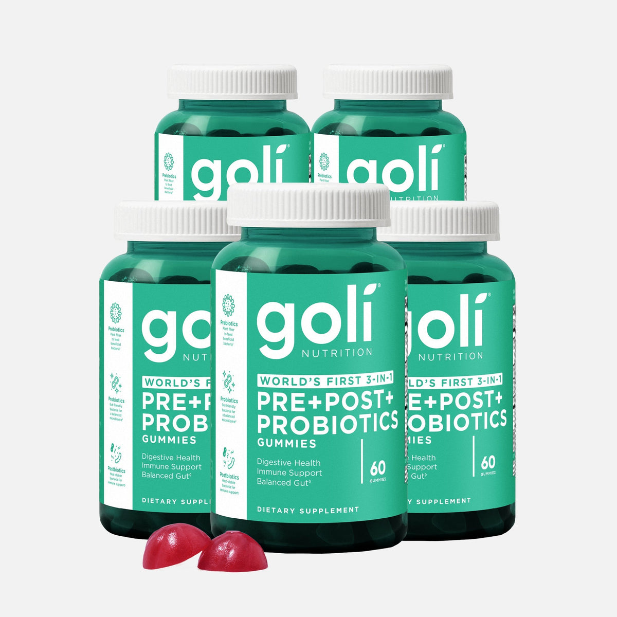 Goli 5 Jars of Probiotic+ Gummies — 3-in-1 Pre, Post & Probiotics for Digestive Health