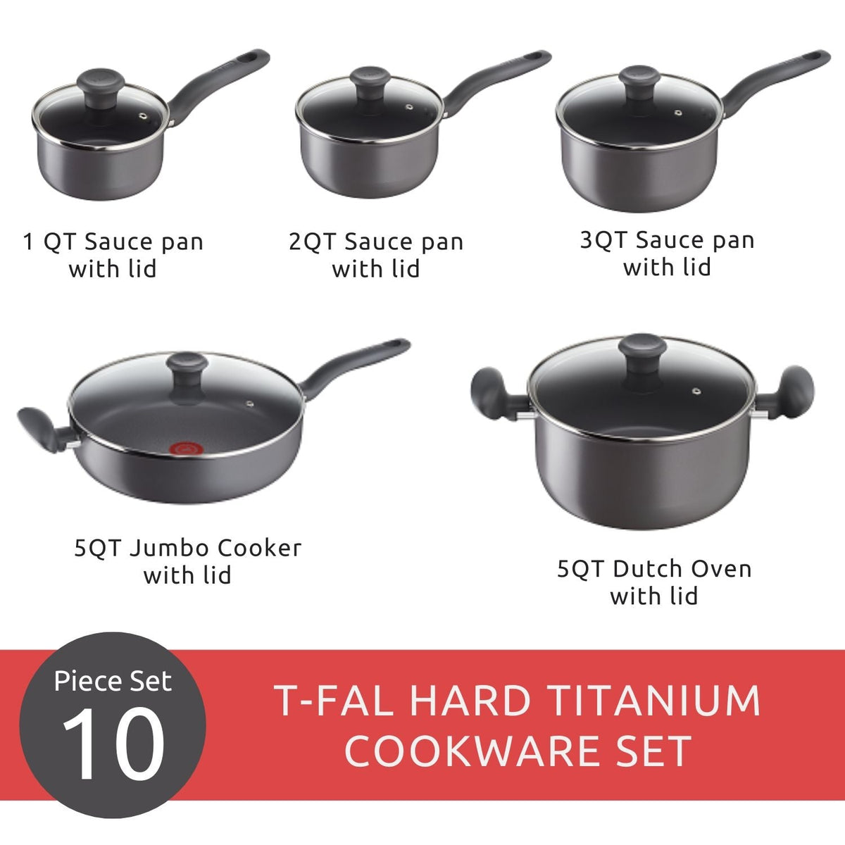 Hard Titanium Cookware Set, Non-stick, Dishwasher & Oven Safe, Grey, 10-pc