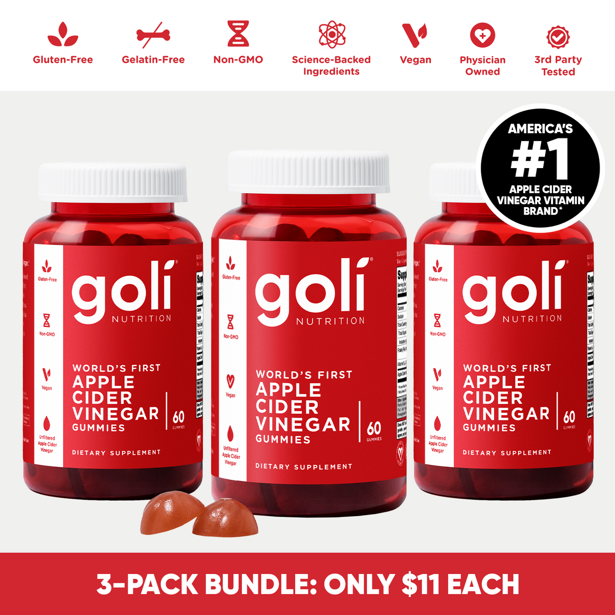Goli 3 Jars of Apple Cider Vinegar & Vitamin B12 Gummies — 60 Count Each, Vegan, Gelatin-Free