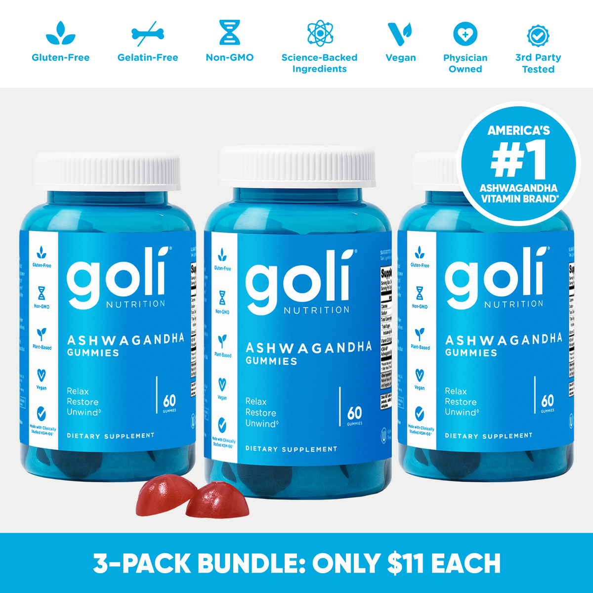 KSM-66® Ashwagandha & Vitamin D Gummy From Goli, 60 Count, Triple Set, No Artificial Colors