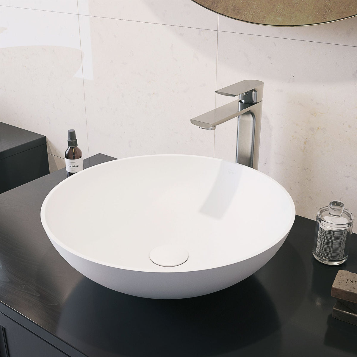 Lotus Matte Stone Round Composite Vessel Bathroom Sink/Basin with Deep Bowl, White