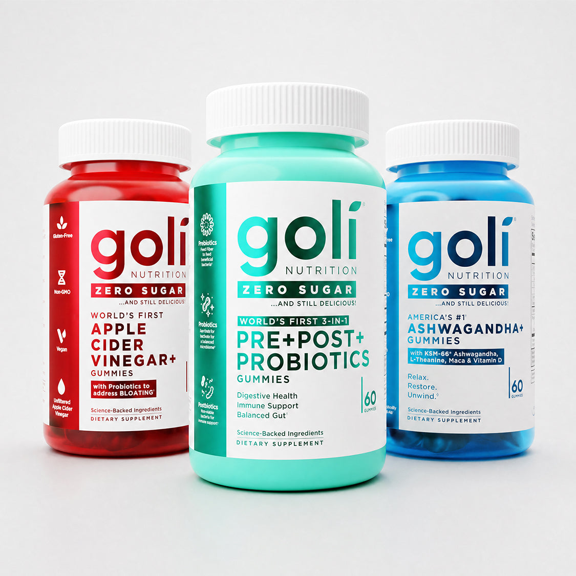 Goli Sugar-Free Gummy Trio, Vegan Gluten-Free Daily Kit — Zero Sugar 3 Bottle Starter Bundle