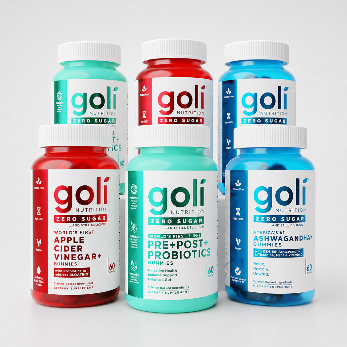 Goli Sugar-Free Gummy Assortment, Vegan Gluten-Free Set — Zero Sugar 6 Bottle Wellness Bundle